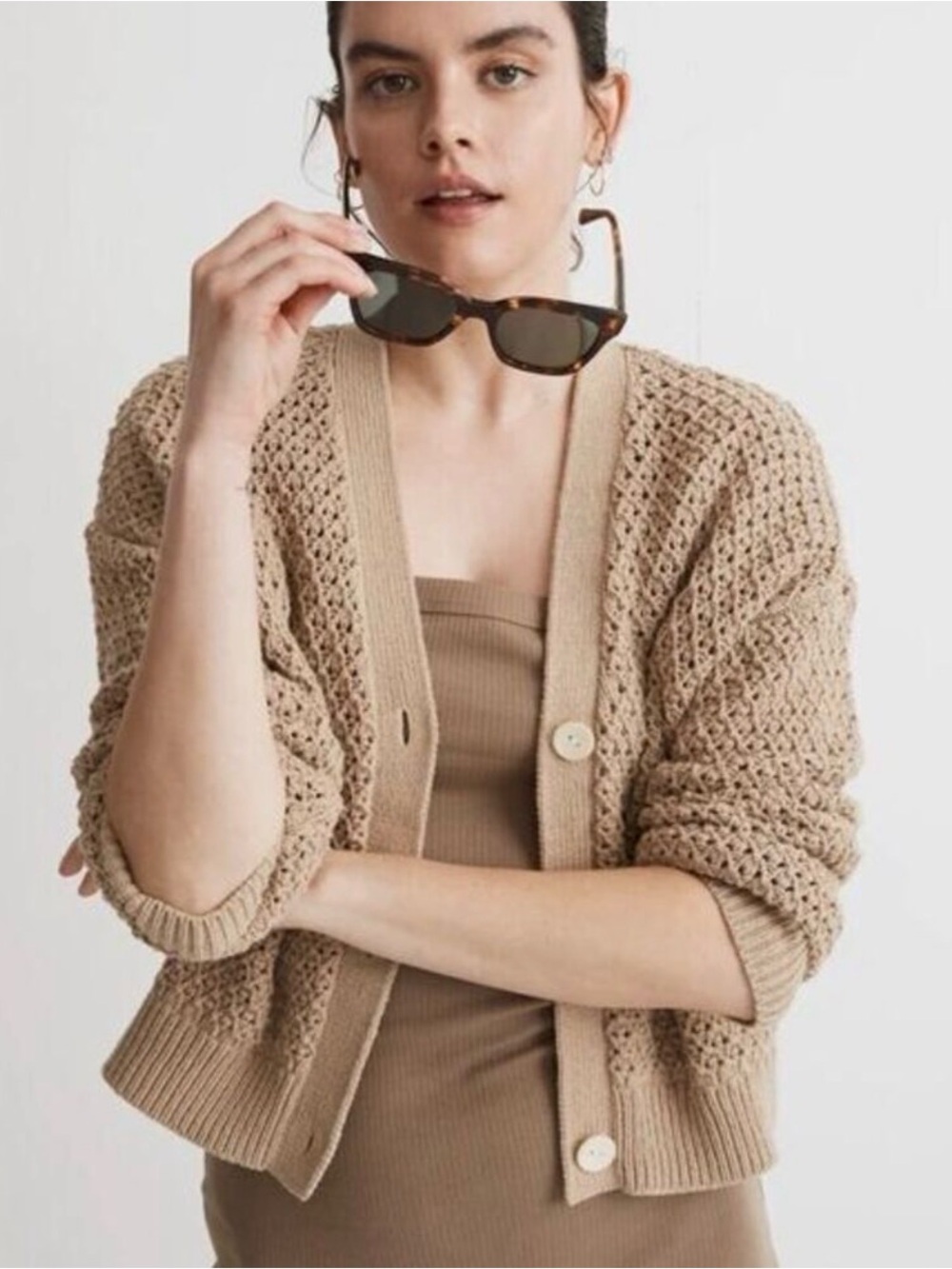 Madewell Cropped Open-Knit Button Cardigan in Tan